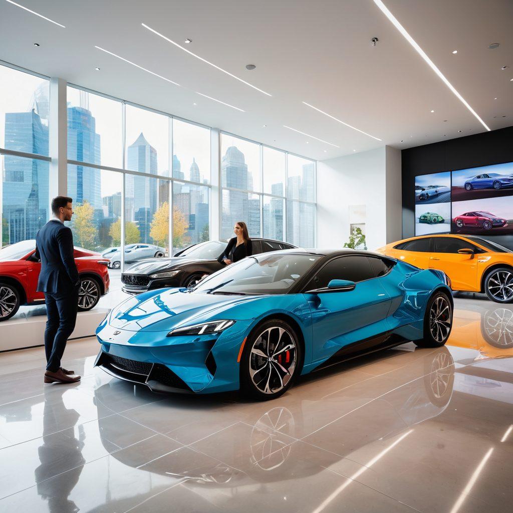 A modern, sleek car showroom filled with a variety of cars representing leasing, sharing, and rentals, showcasing digital displays with vibrant deals and offers. Include young professionals examining a car, with a futuristic cityscape backdrop through large glass windows. Emphasize a feeling of excitement and opportunity, using bright colors to highlight the best deals. super-realistic. vibrant colors. 3D.