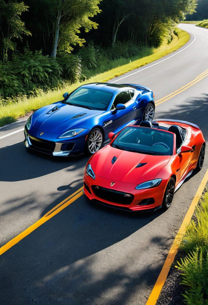 A juxtaposition of luxurious and budget-friendly cars parked side by side, showcasing sleek designs like a shiny sports car and a compact economical car. Surround them with a bright, sunny background depicting an open road and lush scenery, emphasizing a sense of adventure and choice. Integrate elements like price tags or icons representing different rental options. super-realistic. vibrant colors. white background.