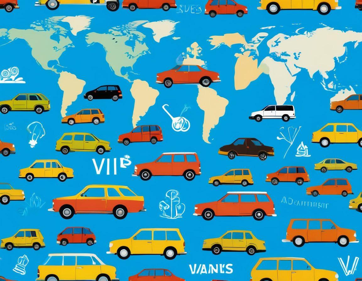 A vibrant collage showcasing various rental vehicles including cars, bikes, and vans, set against a world map backdrop, with price tags ranging from low to high. Highlight diverse people happily interacting with rental agents and using vehicles. Incorporate dollar signs and budget icons to symbolize affordability. Emphasize a clear sky and bright colors to evoke a sense of adventure. vector art. vibrant colors.